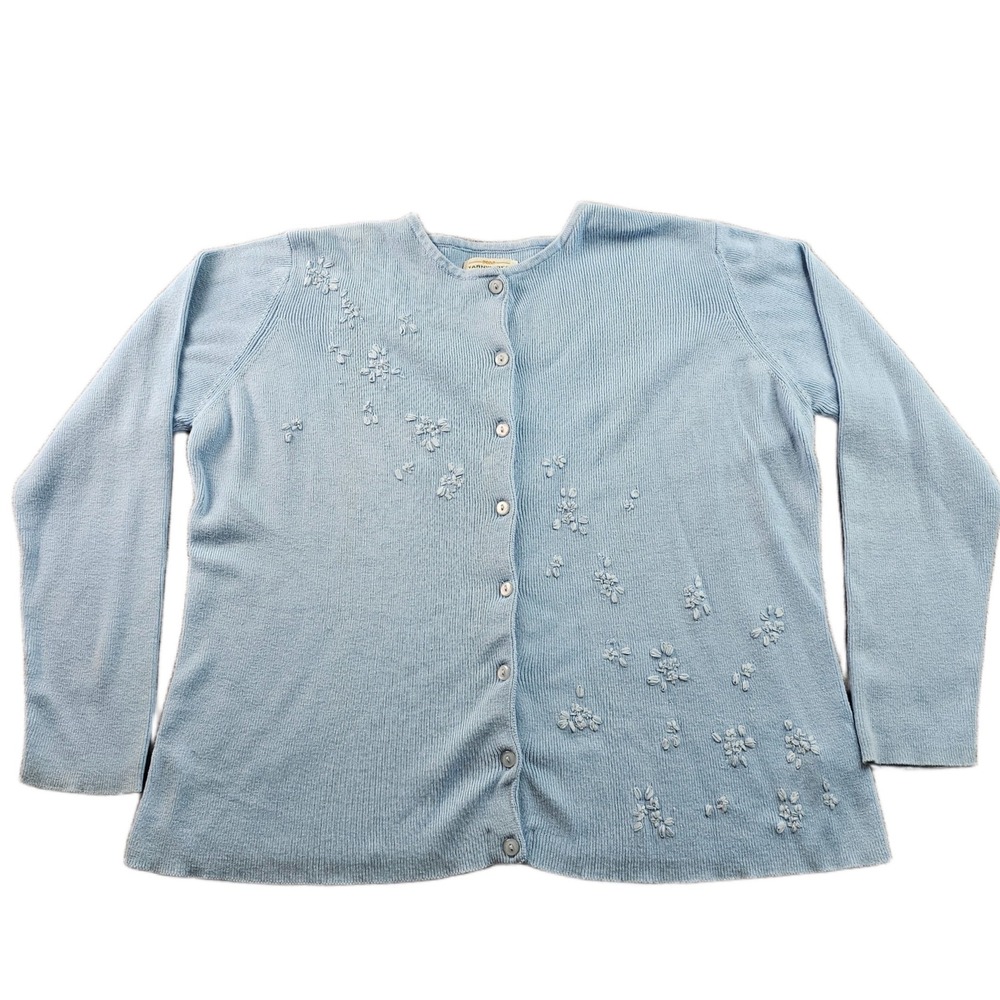 Yarnworks‎ Cardigan Sweater Womens PXL Blue Knit Floral Embroidered Button Front